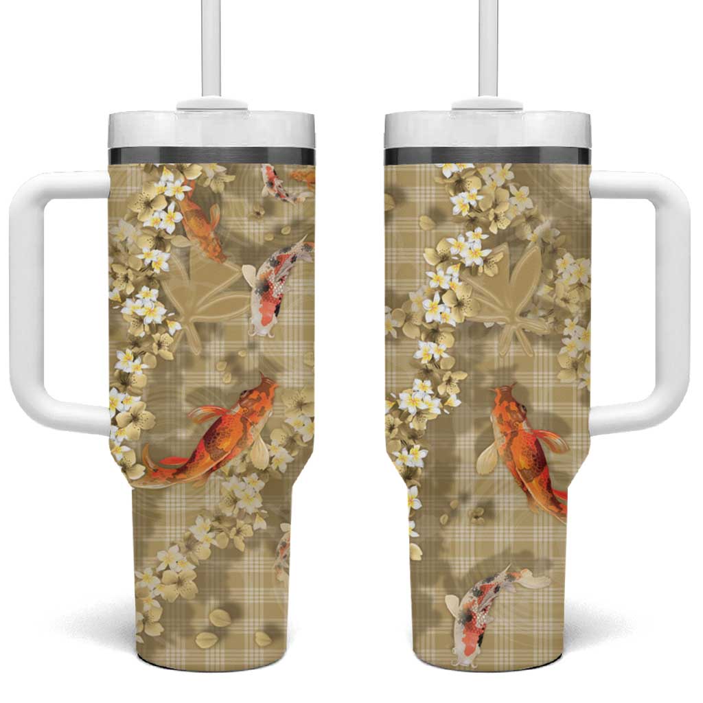 Beige Palaka Hawaiian And Japanese Tumbler With Handle Sakura Lei With Koi Fish DT05 One Size: 40 oz Beige - Polynesian Pride