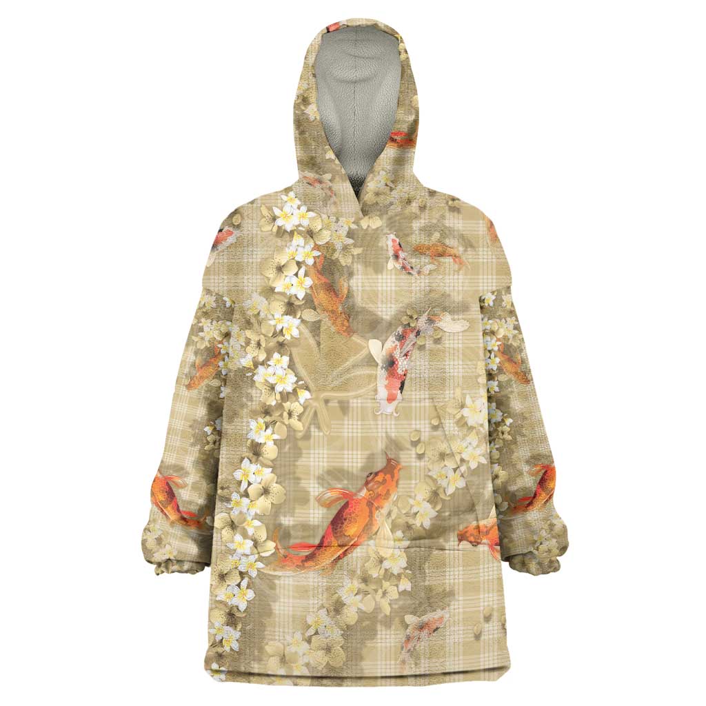 Beige Palaka Hawaiian And Japanese Wearable Blanket Hoodie Sakura Lei With Koi Fish - Polynesian Pride