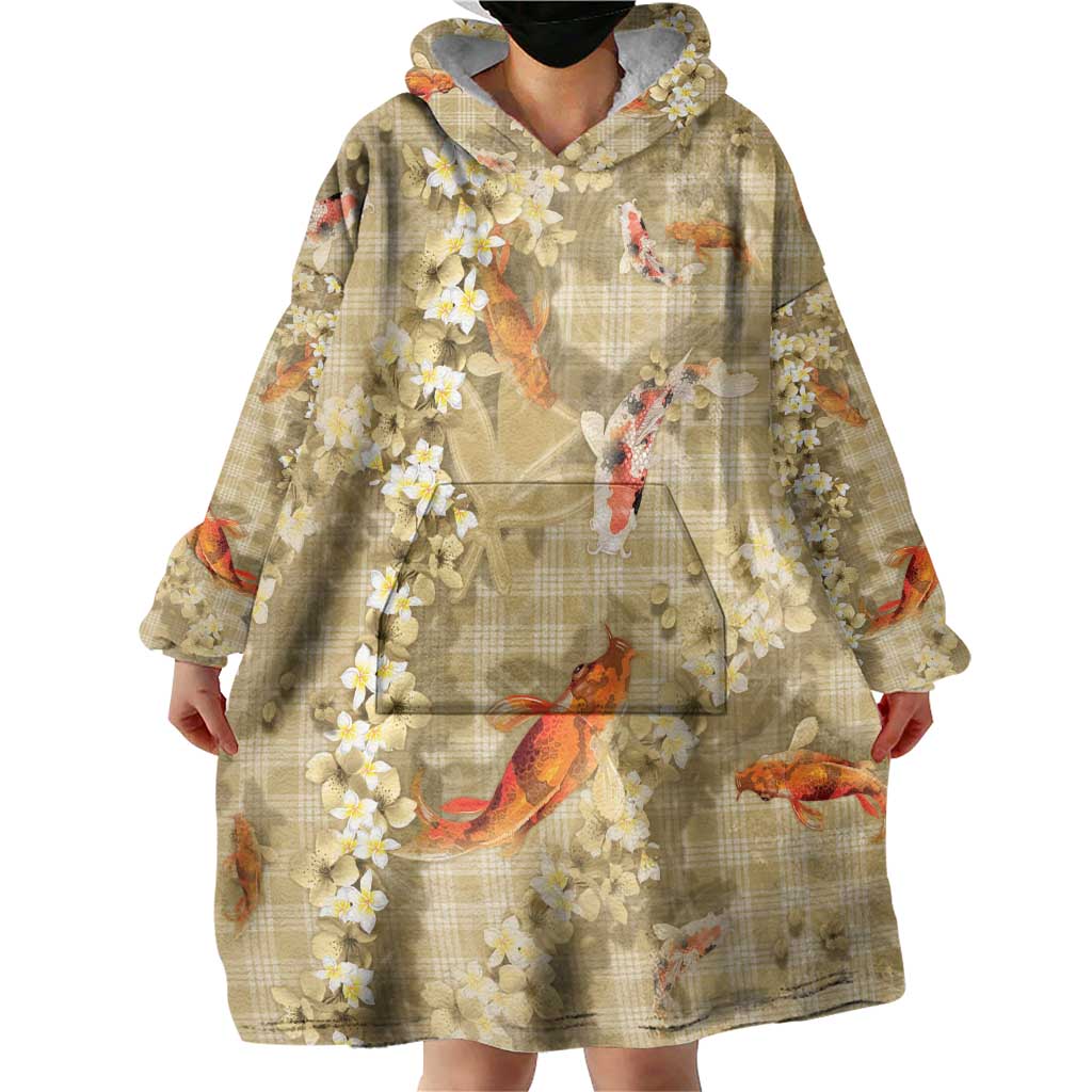 Beige Palaka Hawaiian And Japanese Wearable Blanket Hoodie Sakura Lei With Koi Fish - Polynesian Pride