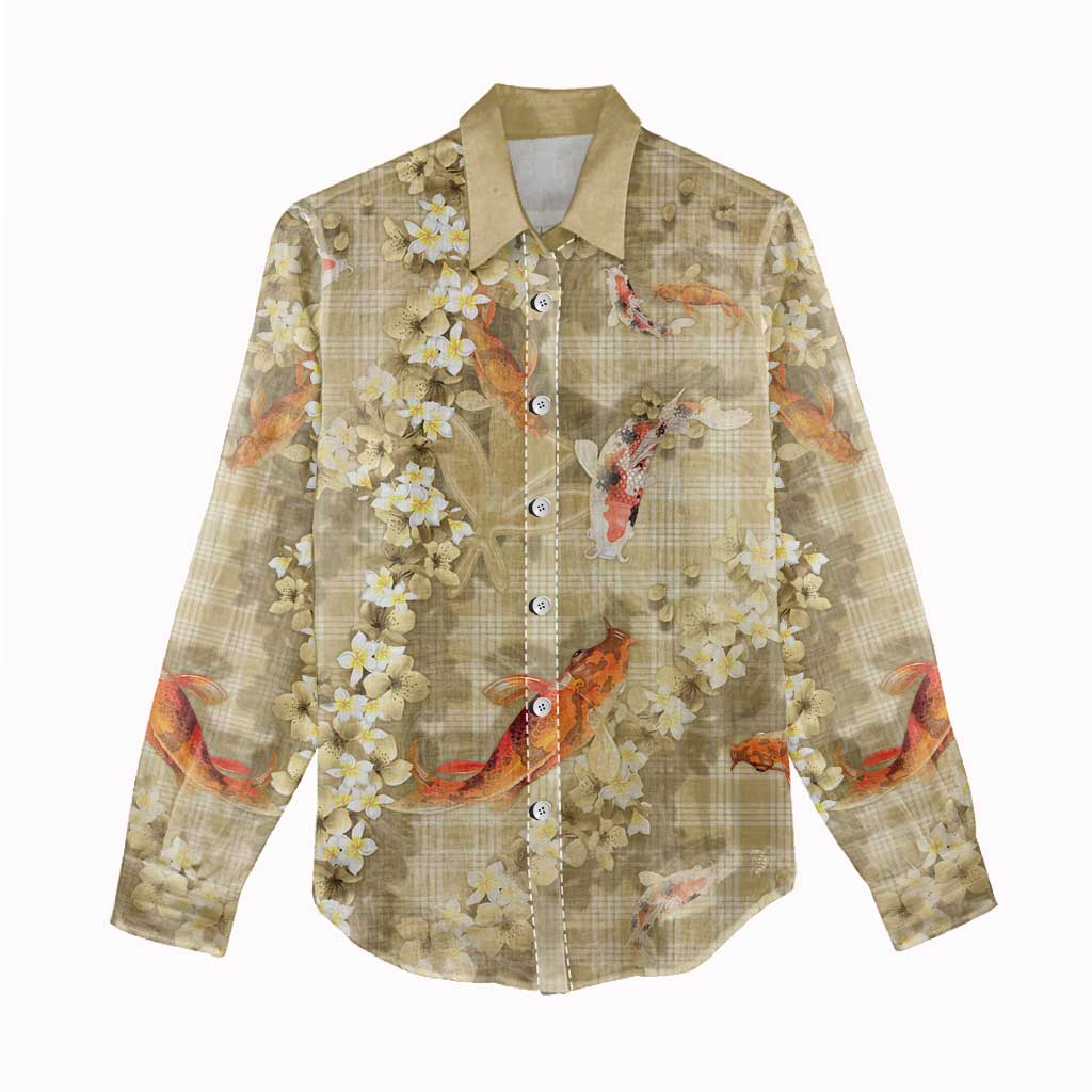 Beige Palaka Hawaiian And Japanese Women Casual Shirt Sakura Lei With Koi Fish - Polynesian Pride