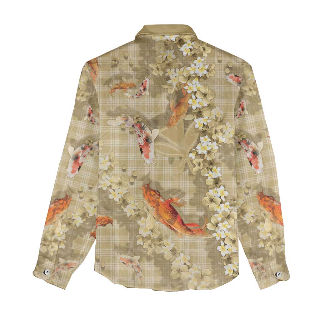 Beige Palaka Hawaiian And Japanese Women Casual Shirt Sakura Lei With Koi Fish - Polynesian Pride