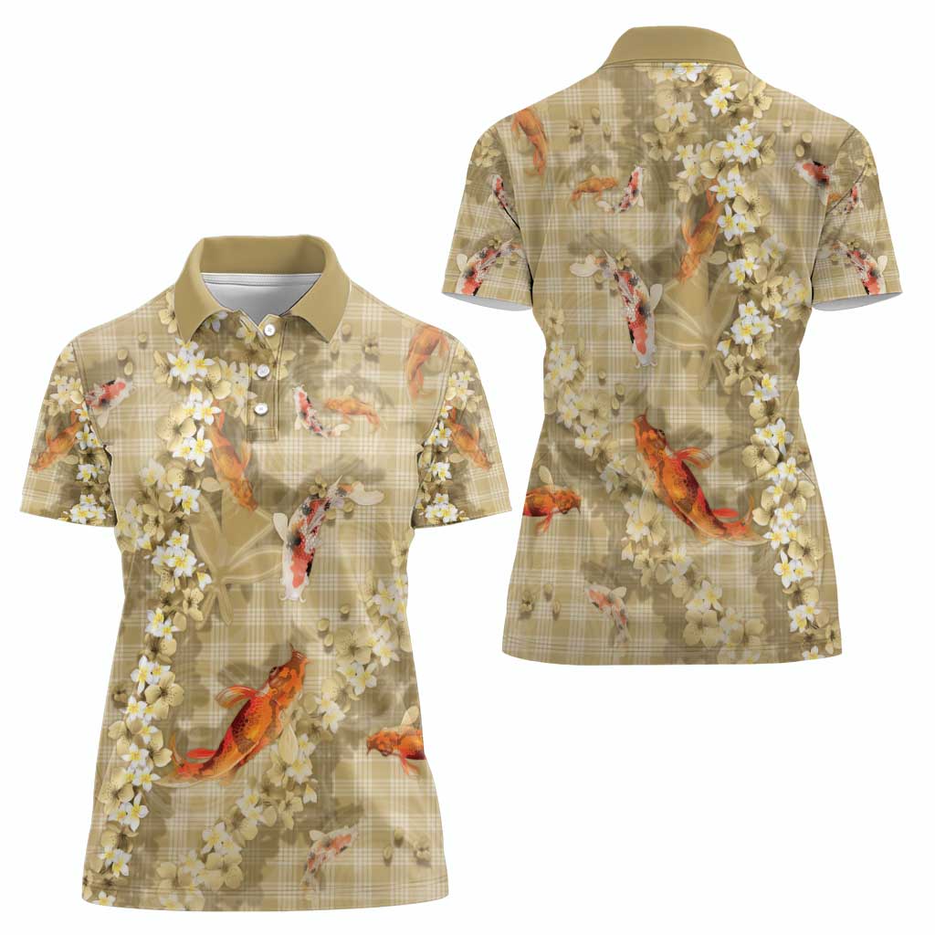 Beige Palaka Hawaiian And Japanese Women Polo Shirt Sakura Lei With Koi Fish - Polynesian Pride