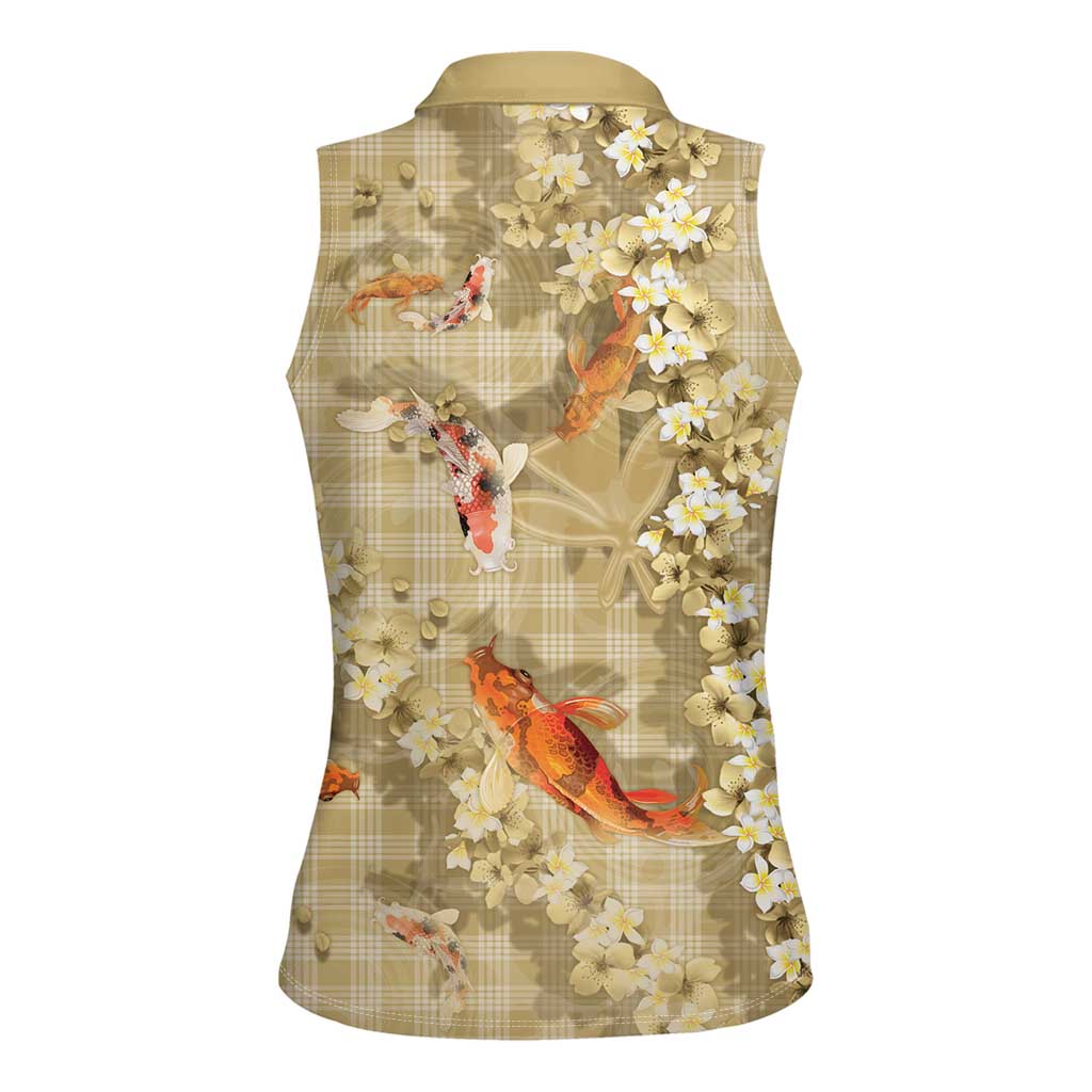 Beige Palaka Hawaiian And Japanese Women Sleeveless Polo Shirt Sakura Lei With Koi Fish - Polynesian Pride