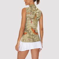 Beige Palaka Hawaiian And Japanese Women Sleeveless Polo Shirt Sakura Lei With Koi Fish - Polynesian Pride