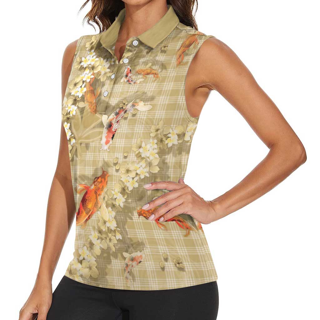 Beige Palaka Hawaiian And Japanese Women Sleeveless Polo Shirt Sakura Lei With Koi Fish - Polynesian Pride