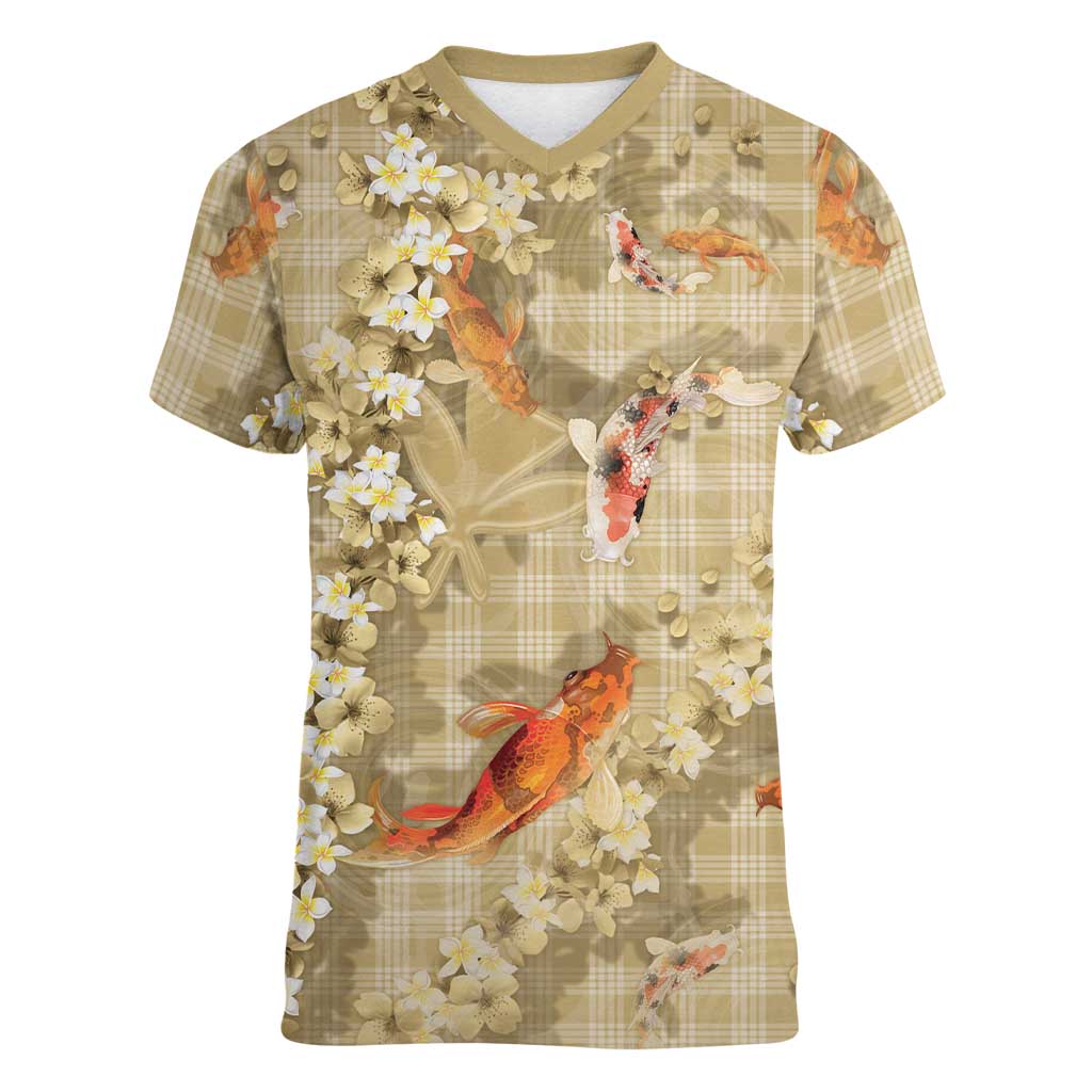 Beige Palaka Hawaiian And Japanese Women V-Neck T-Shirt Sakura Lei With Koi Fish DT05 Female Beige - Polynesian Pride