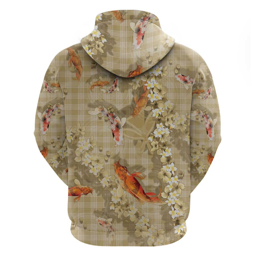 Beige Palaka Hawaiian And Japanese Zip Hoodie Sakura Lei With Koi Fish - Polynesian Pride