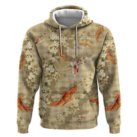 Beige Palaka Hawaiian And Japanese Zip Hoodie Sakura Lei With Koi Fish - Polynesian Pride