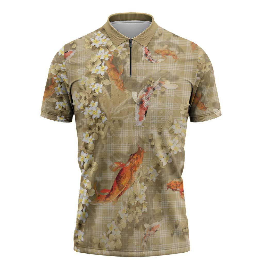 Beige Palaka Hawaiian And Japanese Zipper Polo Shirt Sakura Lei With Koi Fish - Polynesian Pride