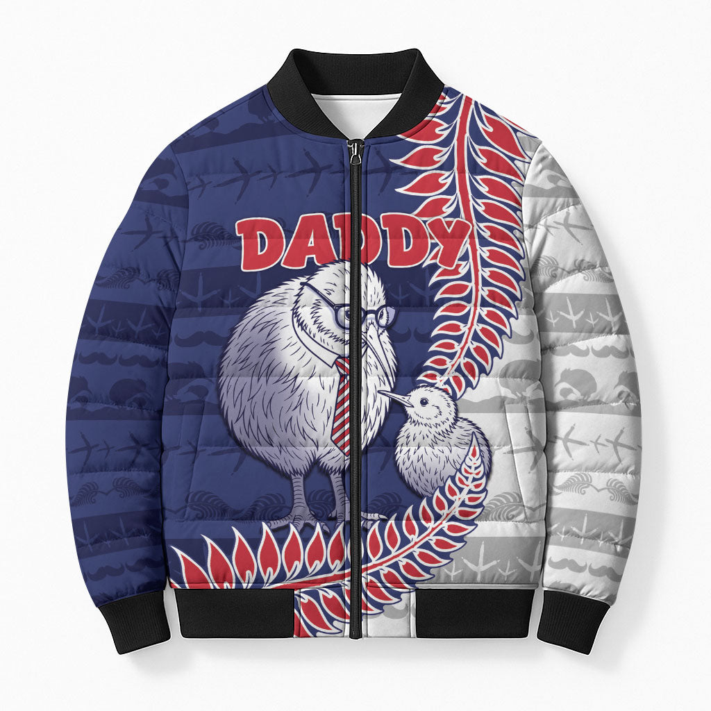 Personalised New Zealand Father's Day Bomber Puffer Jacket Daddy Kiwi Bird Silver Ferns