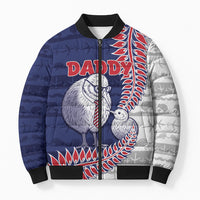 Personalised New Zealand Father's Day Bomber Puffer Jacket Daddy Kiwi Bird Silver Ferns