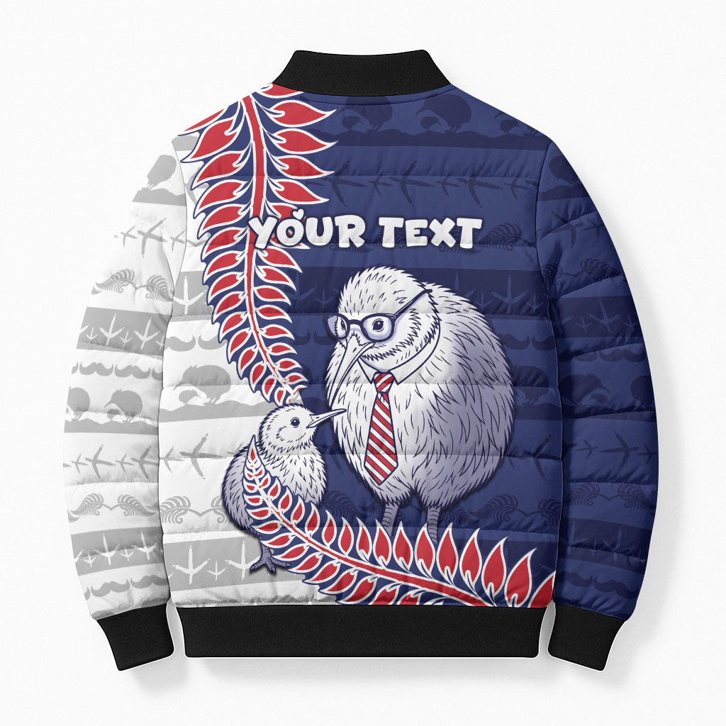 Personalised New Zealand Father's Day Bomber Puffer Jacket Daddy Kiwi Bird Silver Ferns