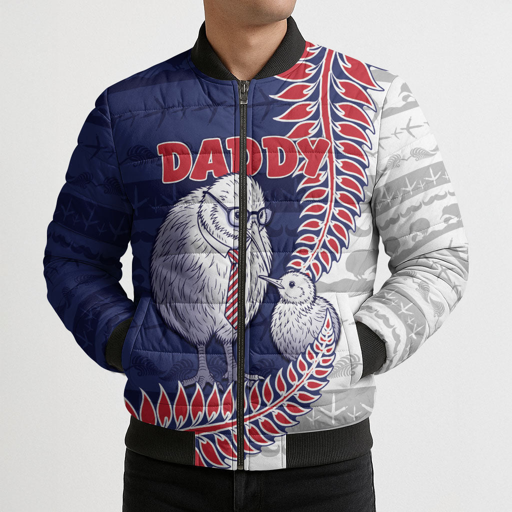 Personalised New Zealand Father's Day Bomber Puffer Jacket Daddy Kiwi Bird Silver Ferns