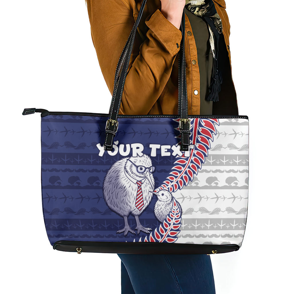 Personalised New Zealand Father's Day Leather Tote Bag Daddy Kiwi Bird Silver Ferns