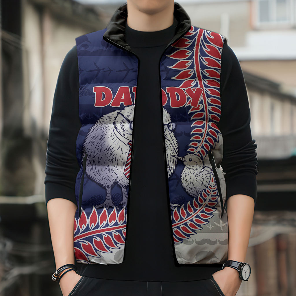 Personalised New Zealand Father's Day Sleeveless Puffer Jacket Daddy Kiwi Bird Silver Ferns