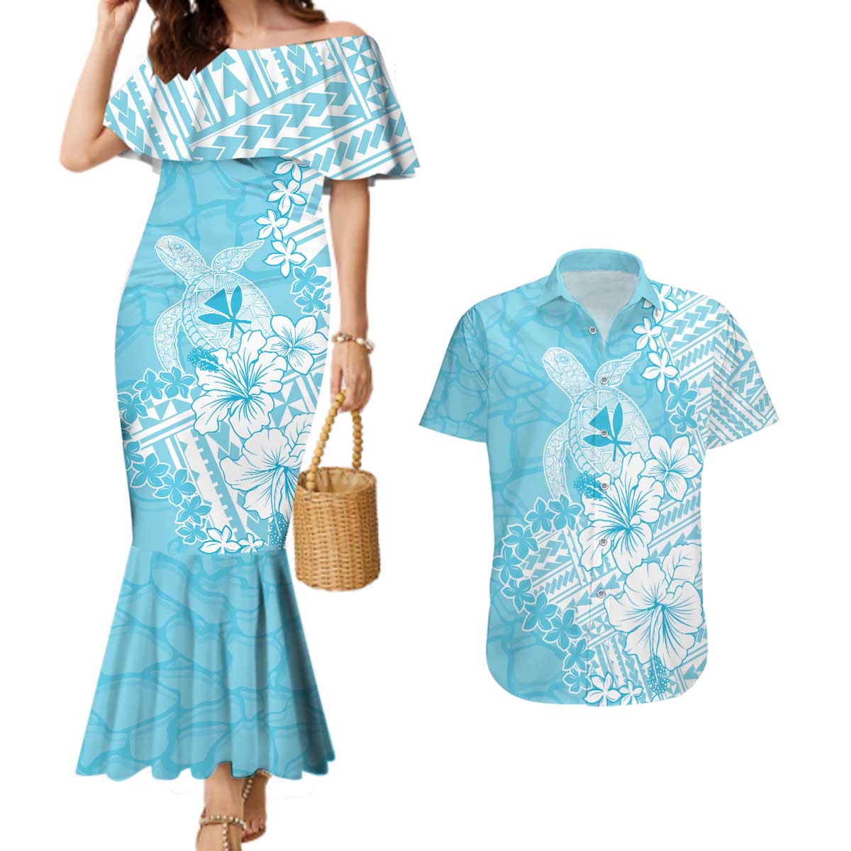 Hawaii Kanaka Maoli Couples Matching Mermaid Dress and Hawaiian Shirt Polynesian Turtle Tattoo