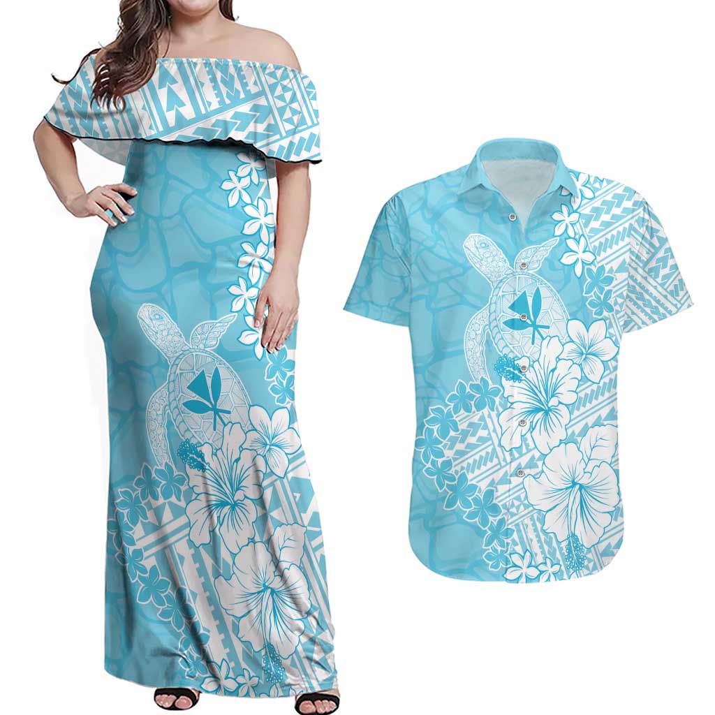 Hawaii Kanaka Maoli Couples Matching Off Shoulder Maxi Dress and Hawaiian Shirt Polynesian Turtle Tattoo