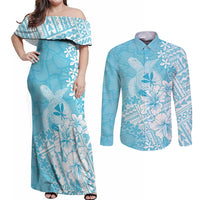 Hawaii Kanaka Maoli Couples Matching Off Shoulder Maxi Dress and Long Sleeve Button Shirt Polynesian Turtle Tattoo