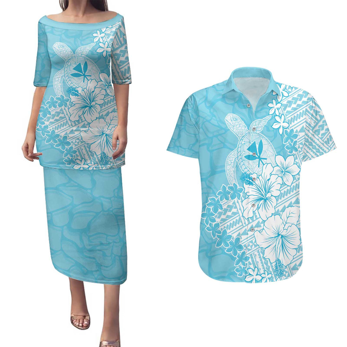 Hawaii Kanaka Maoli Couples Matching Puletasi and Hawaiian Shirt Polynesian Turtle Tattoo DT05 Blue - Polynesian Pride