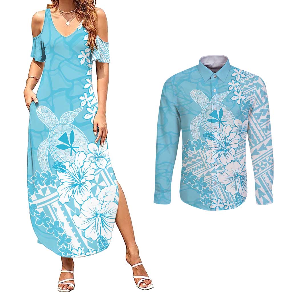 Hawaii Kanaka Maoli Couples Matching Summer Maxi Dress and Long Sleeve Button Shirt Polynesian Turtle Tattoo