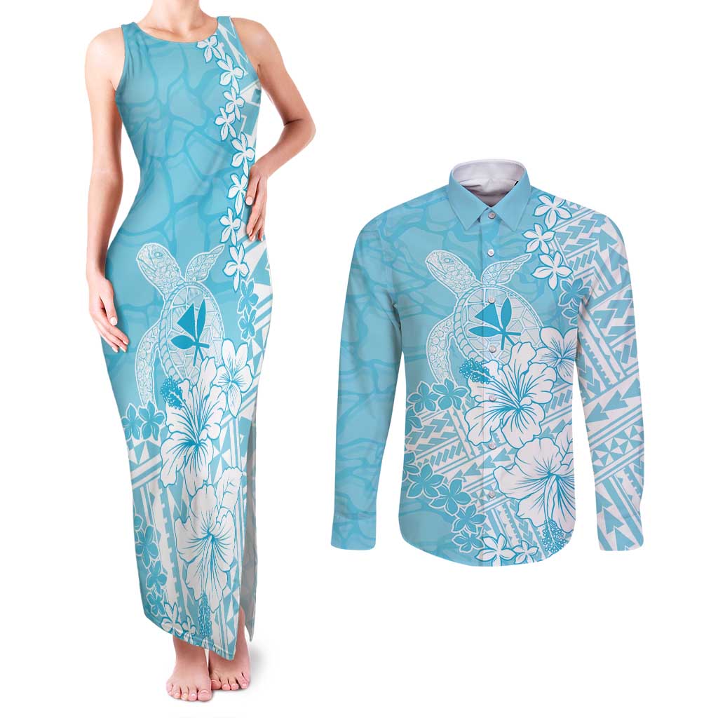 Hawaii Kanaka Maoli Couples Matching Tank Maxi Dress and Long Sleeve Button Shirt Polynesian Turtle Tattoo