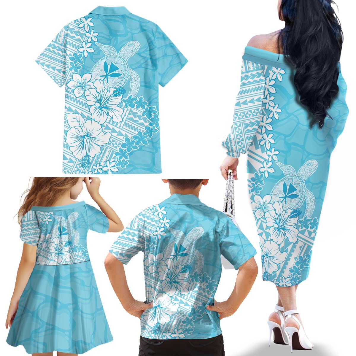 Hawaii Kanaka Maoli Family Matching Off The Shoulder Long Sleeve Dress and Hawaiian Shirt Polynesian Turtle Tattoo