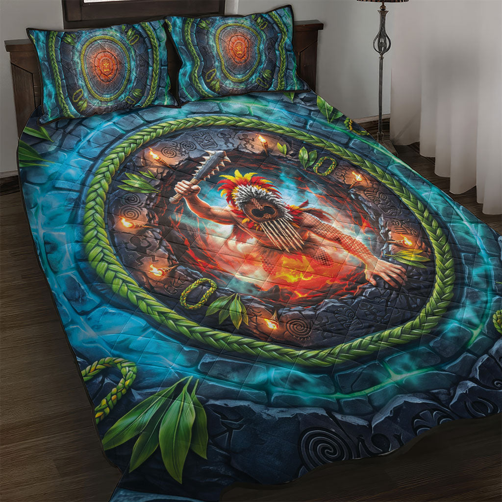 3D Illusion Nightmarchers Halloween Quilt Bed Set Hawaiian Warrior Spirit Lava Portal