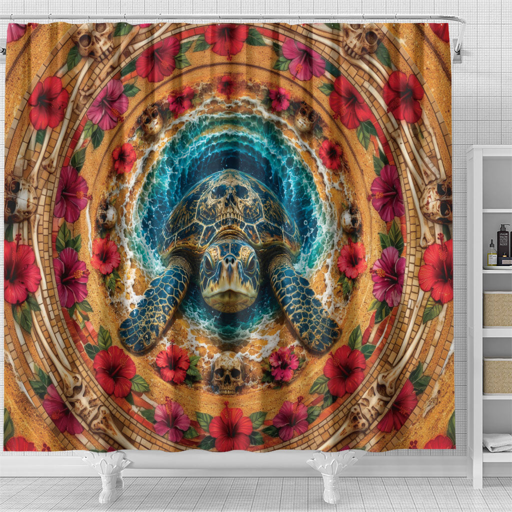 3D Illusion Honu Halloween Shower Curtain Hawaiian Sea Turtle Skull Shell Vortex