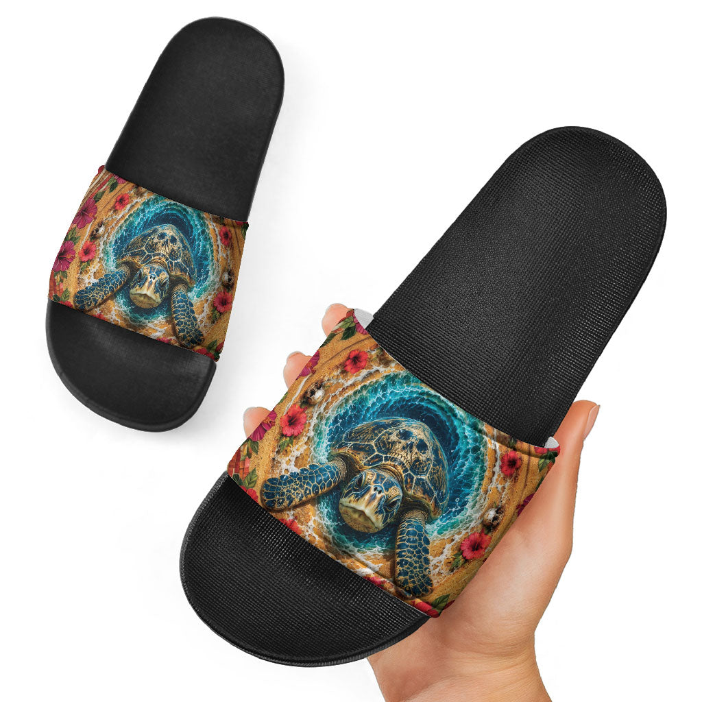 3D Illusion Honu Halloween Slide Sandals Hawaiian Sea Turtle Skull Shell Vortex