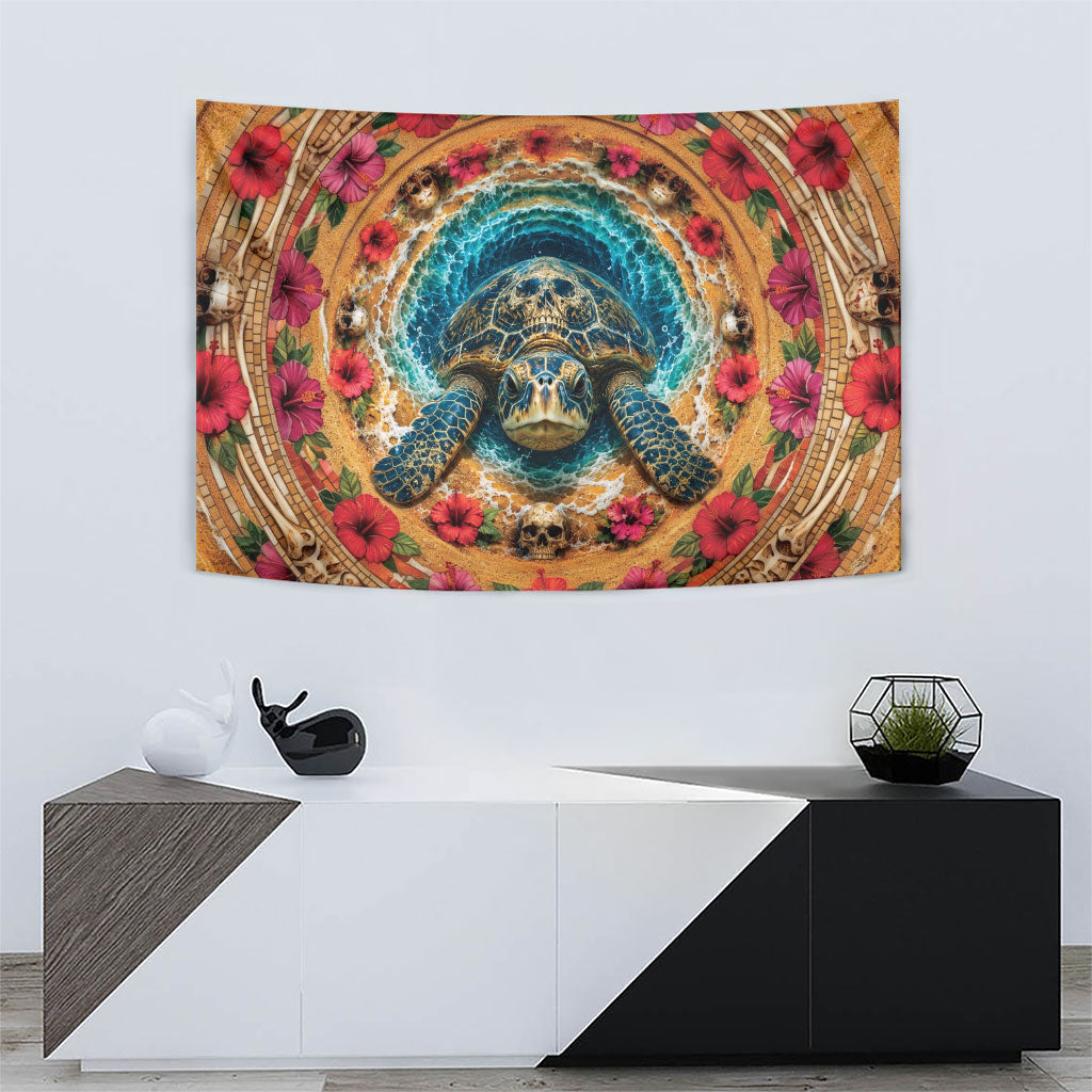 3D Illusion Honu Halloween Tapestry Hawaiian Sea Turtle Skull Shell Vortex