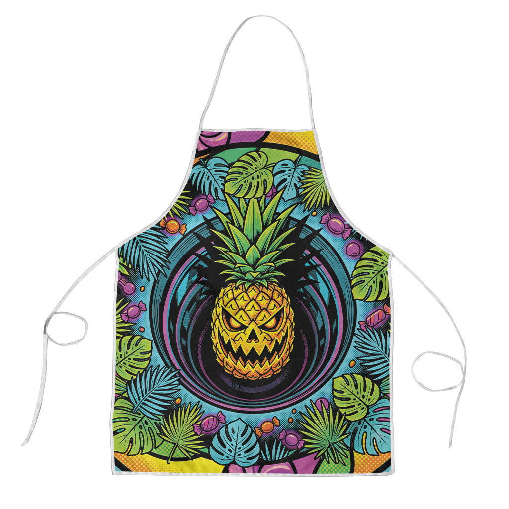 3D Illusion Pineapple Jack O Lantern Halloween Apron Tropical Spooky Fruit Monstera Swirl