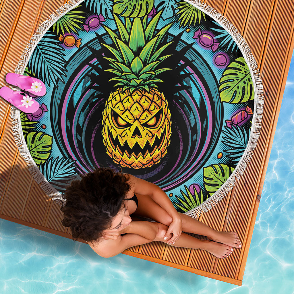 3D Illusion Pineapple Jack O Lantern Halloween Beach Blanket Tropical Spooky Fruit Monstera Swirl