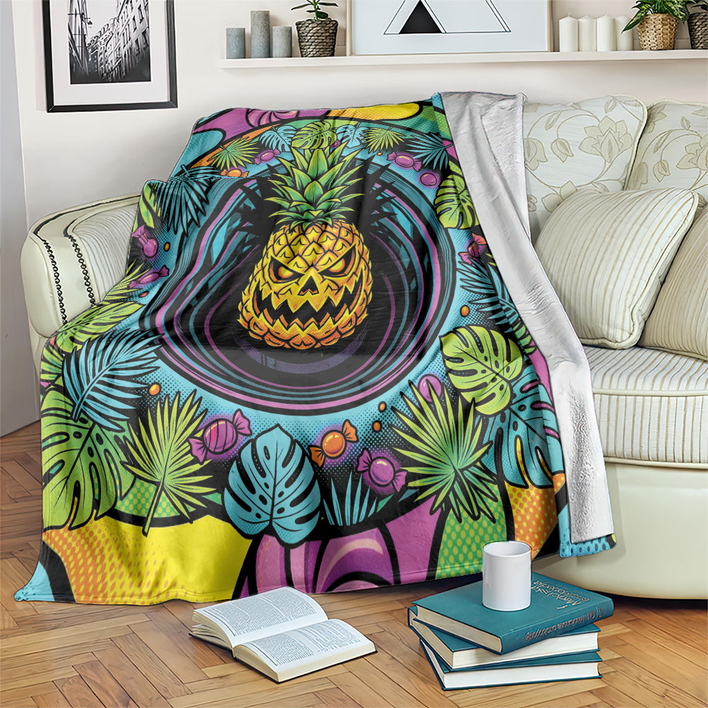 3D Illusion Pineapple Jack O Lantern Halloween Blanket Tropical Spooky Fruit Monstera Swirl
