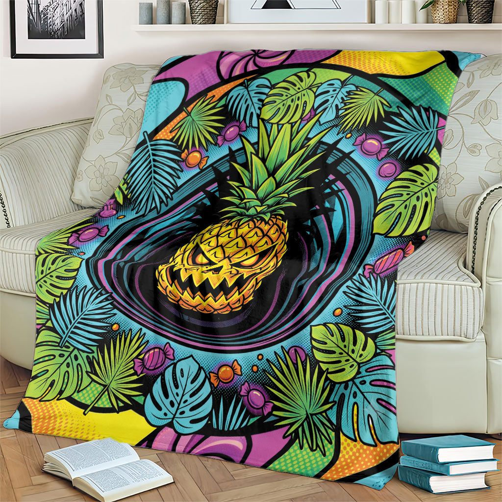 3D Illusion Pineapple Jack O Lantern Halloween Blanket Tropical Spooky Fruit Monstera Swirl