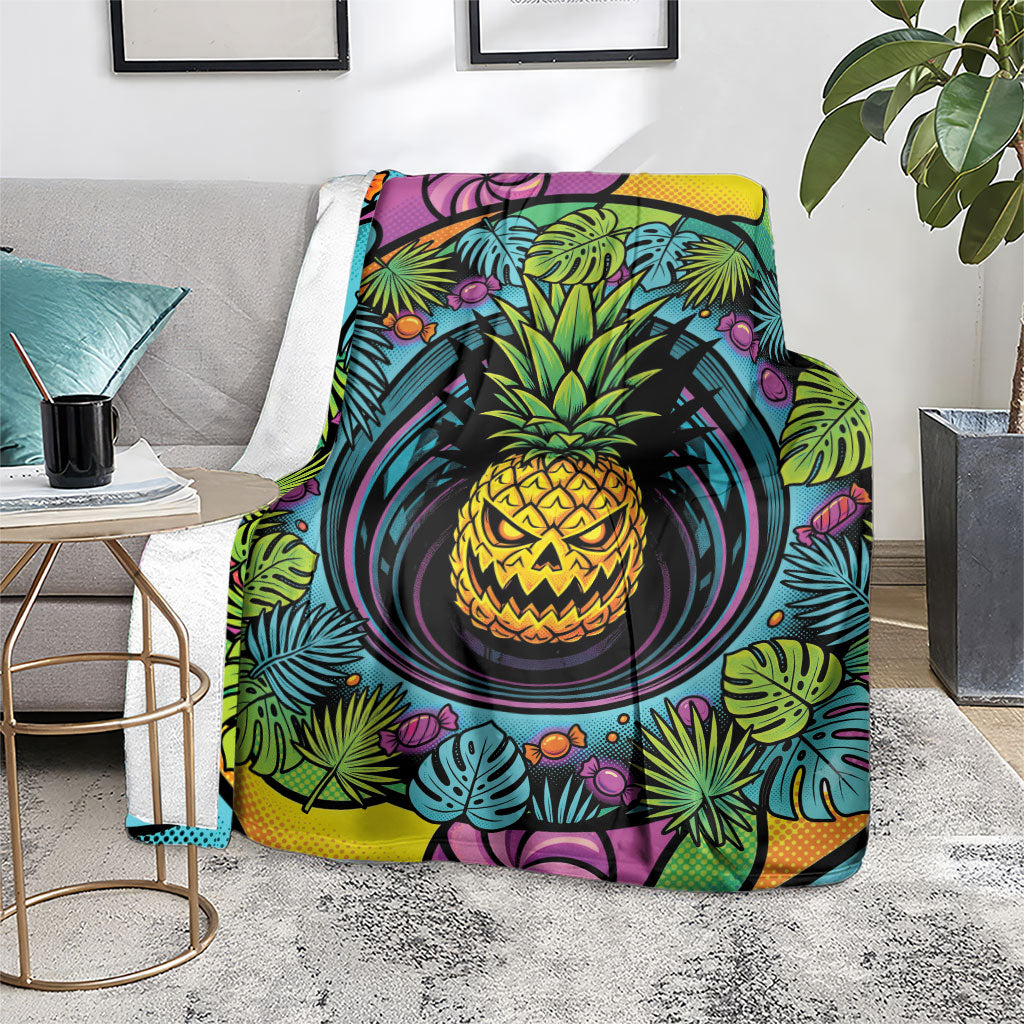 3D Illusion Pineapple Jack O Lantern Halloween Blanket Tropical Spooky Fruit Monstera Swirl