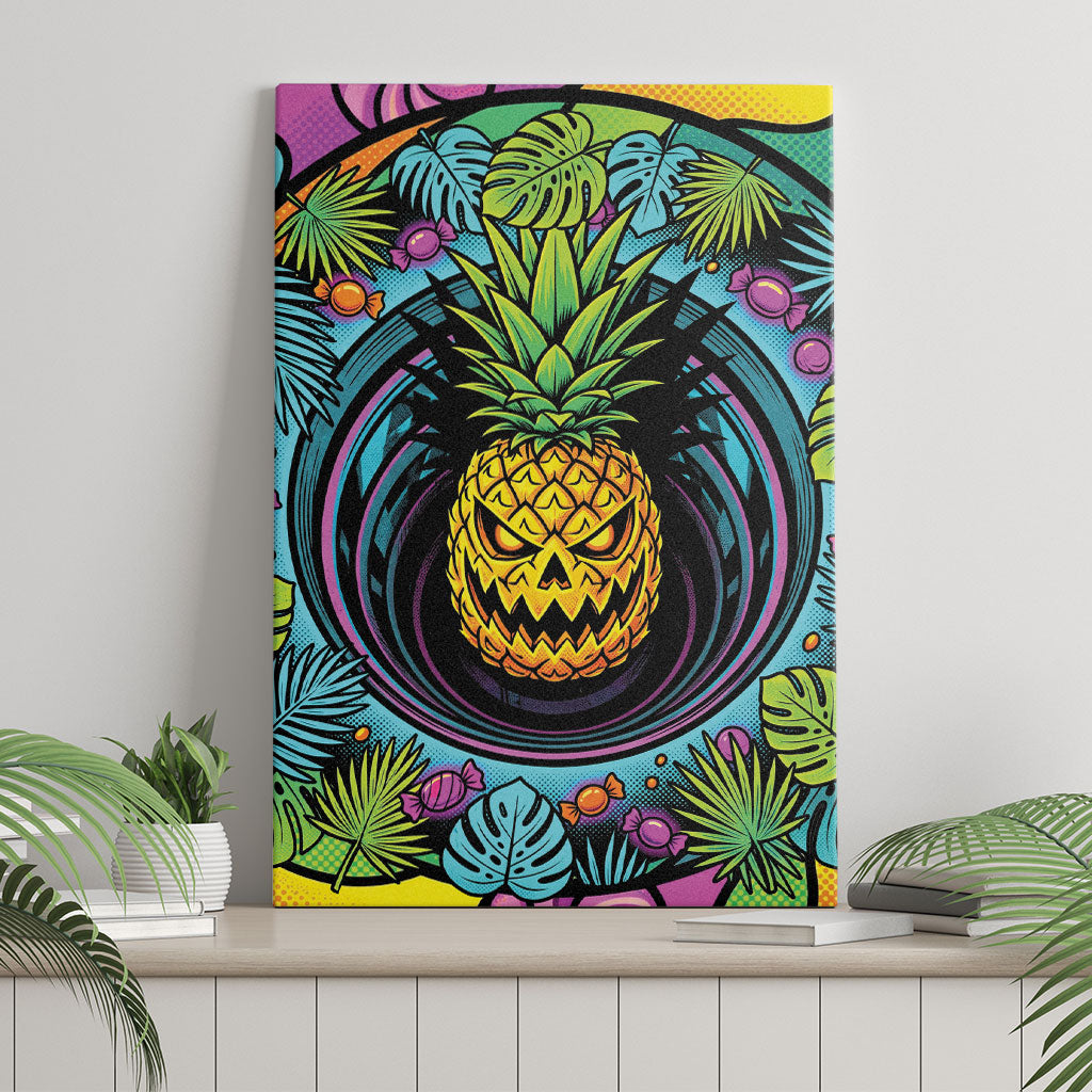 3D Illusion Pineapple Jack O Lantern Halloween Canvas Wall Art Tropical Spooky Fruit Monstera Swirl