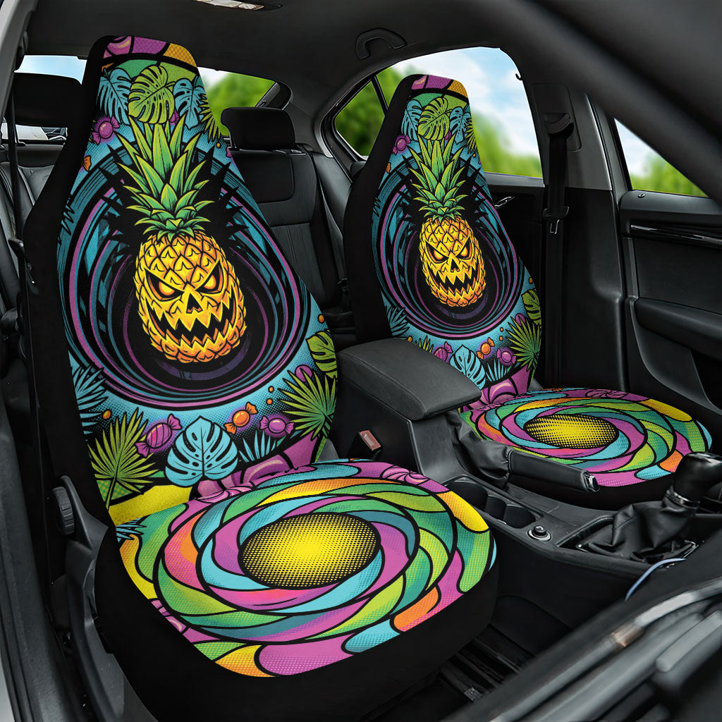 3D Illusion Pineapple Jack O Lantern Halloween Car Seat Cover Tropical Spooky Fruit Monstera Swirl