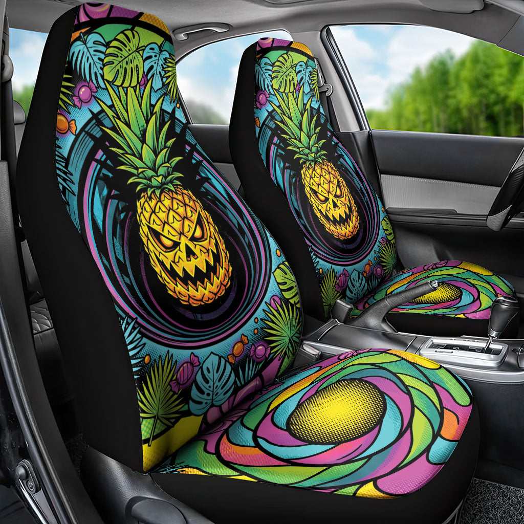 3D Illusion Pineapple Jack O Lantern Halloween Car Seat Cover Tropical Spooky Fruit Monstera Swirl
