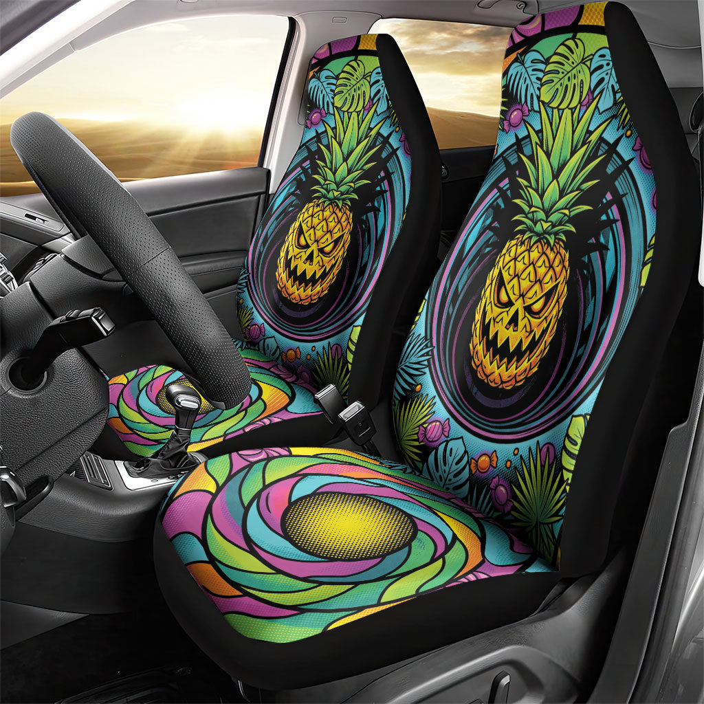 3D Illusion Pineapple Jack O Lantern Halloween Car Seat Cover Tropical Spooky Fruit Monstera Swirl