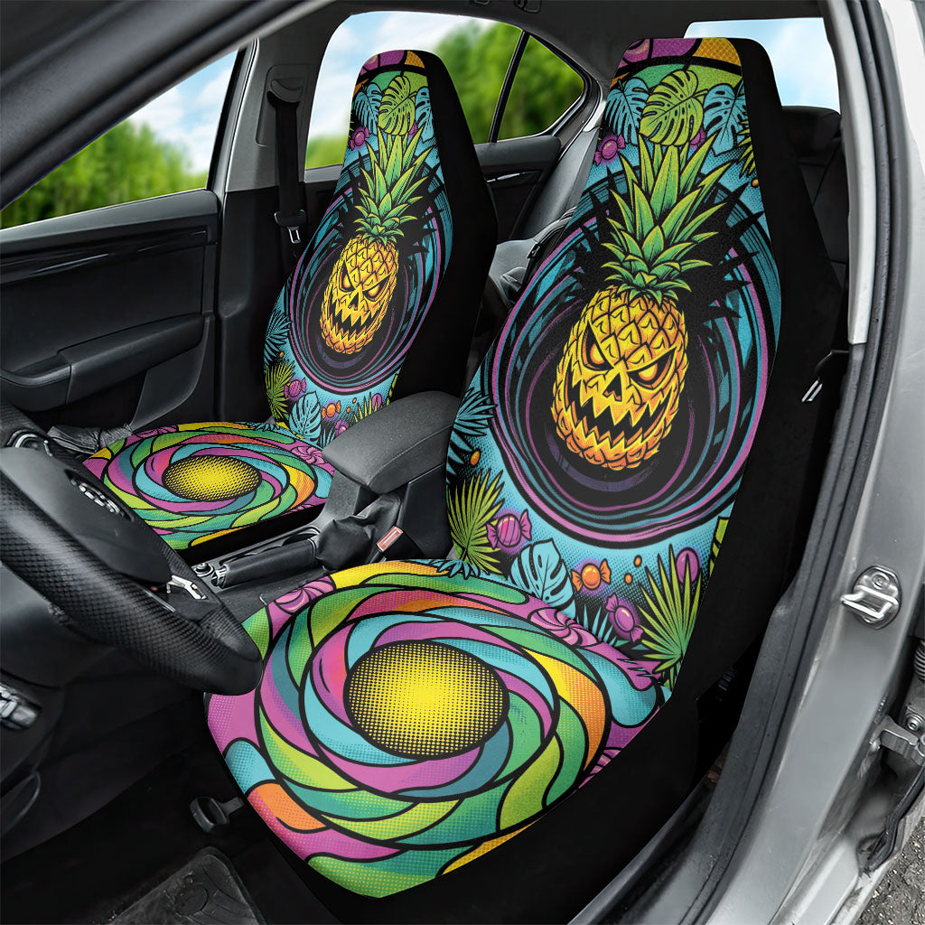 3D Illusion Pineapple Jack O Lantern Halloween Car Seat Cover Tropical Spooky Fruit Monstera Swirl