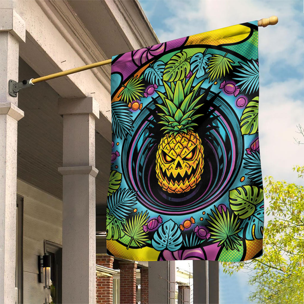 3D Illusion Pineapple Jack O Lantern Halloween Garden Flag Tropical Spooky Fruit Monstera Swirl
