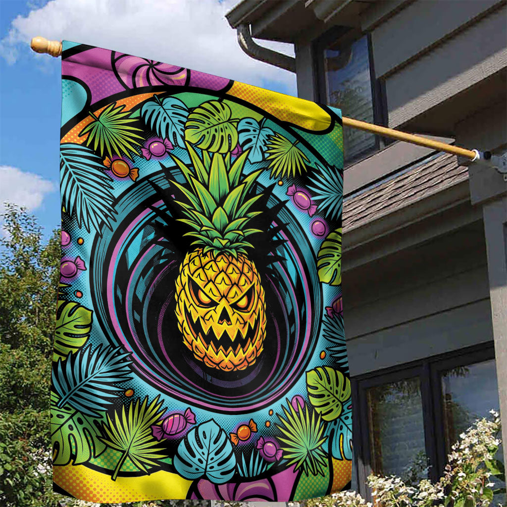 3D Illusion Pineapple Jack O Lantern Halloween Garden Flag Tropical Spooky Fruit Monstera Swirl