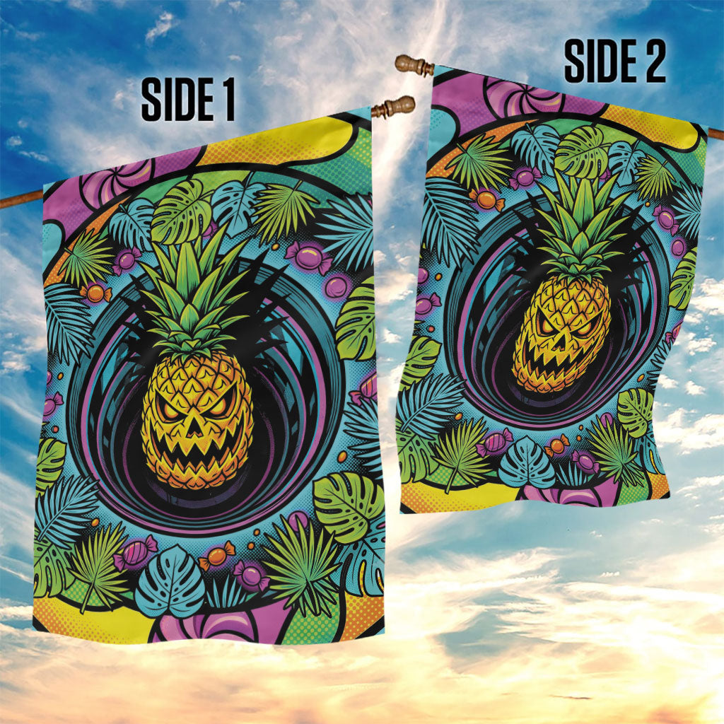 3D Illusion Pineapple Jack O Lantern Halloween Garden Flag Tropical Spooky Fruit Monstera Swirl