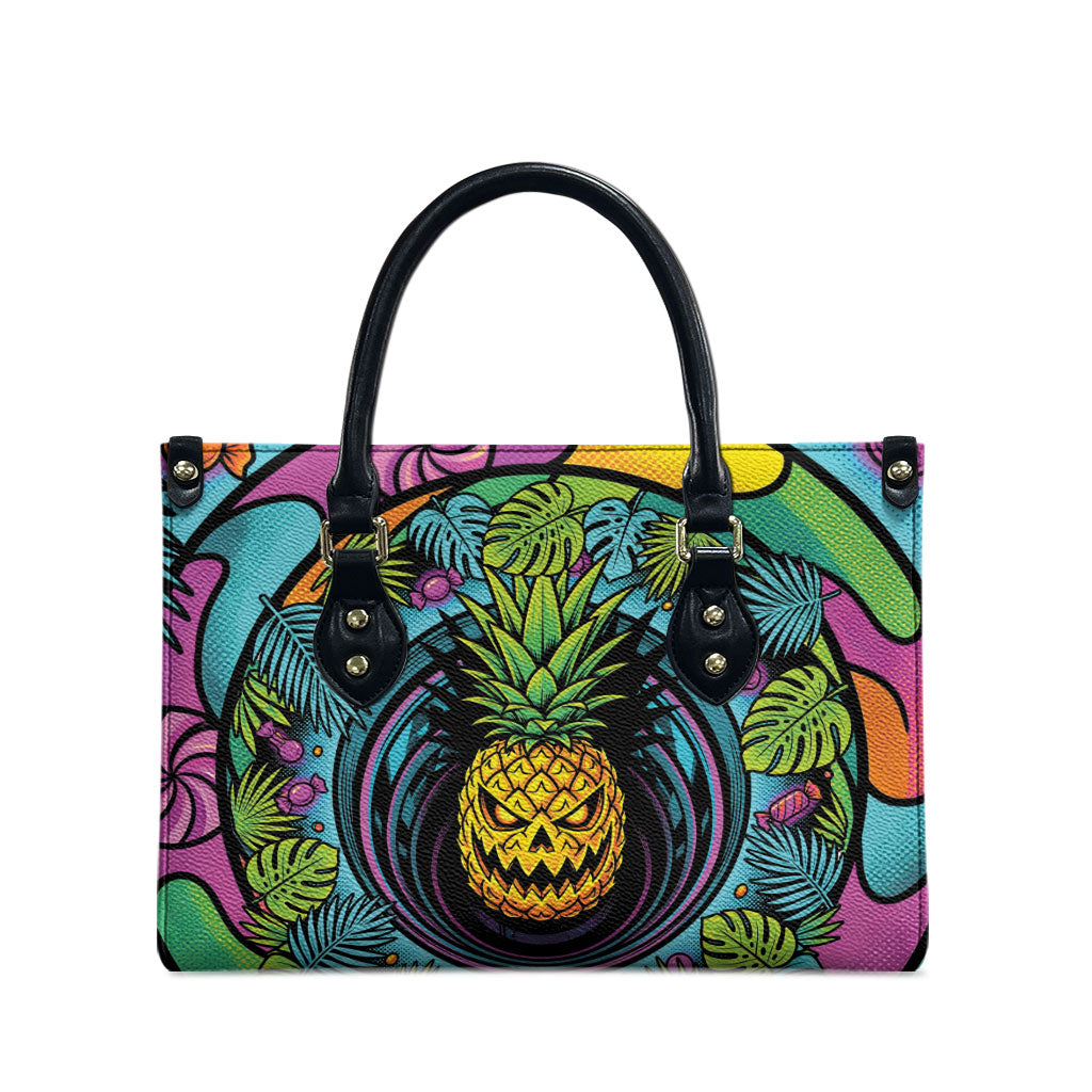 3D Illusion Pineapple Jack O Lantern Halloween Leather Bag Tropical Spooky Fruit Monstera Swirl