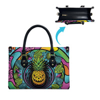 3D Illusion Pineapple Jack O Lantern Halloween Leather Bag Tropical Spooky Fruit Monstera Swirl