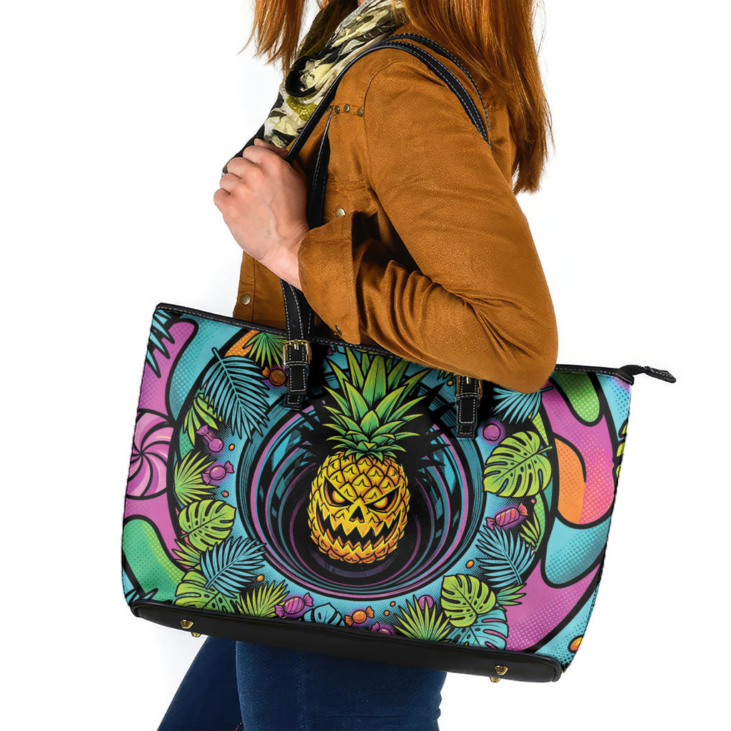 3D Illusion Pineapple Jack O Lantern Halloween Leather Tote Bag Tropical Spooky Fruit Monstera Swirl