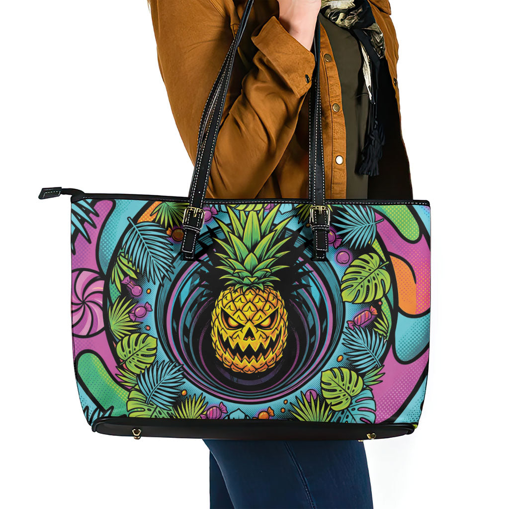 3D Illusion Pineapple Jack O Lantern Halloween Leather Tote Bag Tropical Spooky Fruit Monstera Swirl