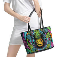 3D Illusion Pineapple Jack O Lantern Halloween Leather Tote Bag Tropical Spooky Fruit Monstera Swirl