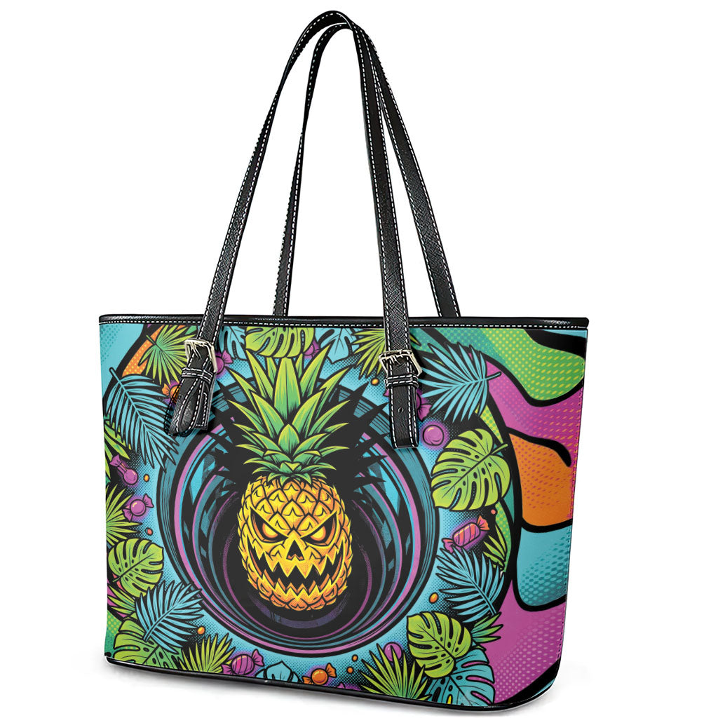3D Illusion Pineapple Jack O Lantern Halloween Leather Tote Bag Tropical Spooky Fruit Monstera Swirl