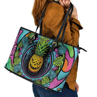 3D Illusion Pineapple Jack O Lantern Halloween Leather Tote Bag Tropical Spooky Fruit Monstera Swirl